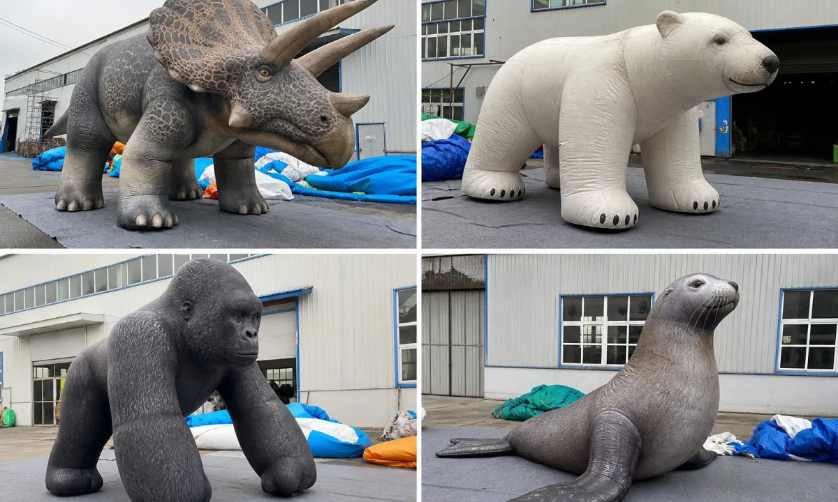 Realistic inflatable animals including a triceratops, polar bear, gorilla, sea lion and bulldog
