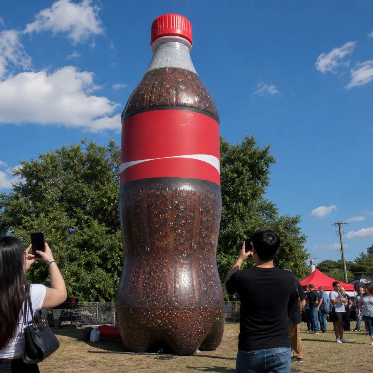 Giant inflatable soda bottle product replica at an outdoor brand activation event