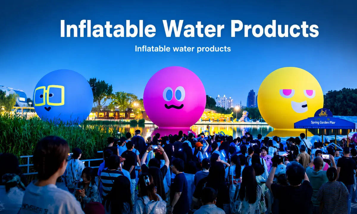 Sealed glossy PVC inflatable sculpture floating on open water at dusk