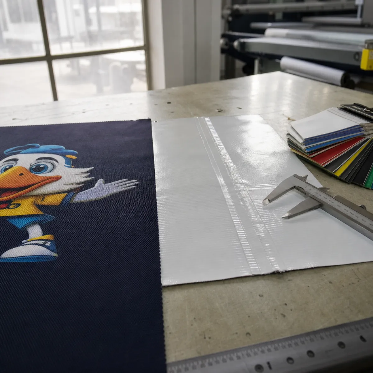 Oxford cloth and PVC tarpaulin swatches compared on a factory cutting table