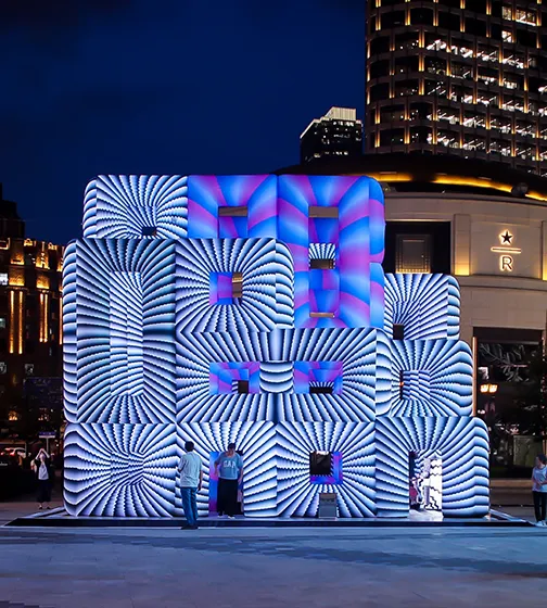 Large Blue Cube Inflatable Light Installation Night