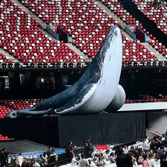 Giant whale inflatable over concert stage crowd