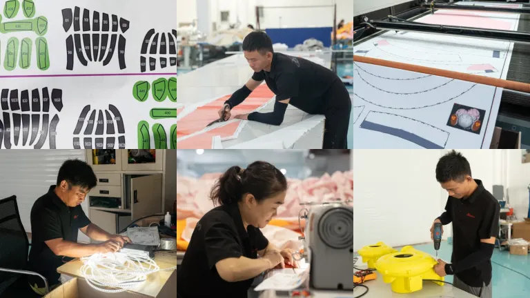 Inflatable production process covering patterning, cutting, printing, LED assembly and sewing
