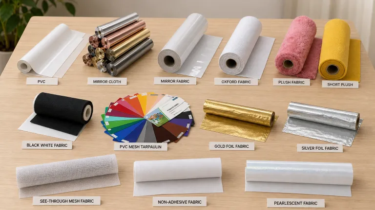 Inflatable material swatches including PVC, mirror cloth, oxford and plush fabric rolls