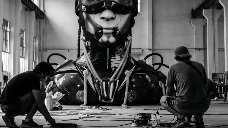 Giant robot inflatable under construction inside production facility