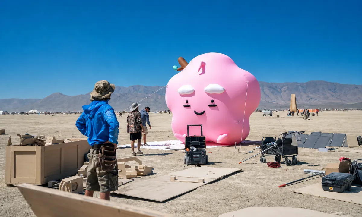 Crew installing the giant pink EMO inflatable in Black Rock Desert