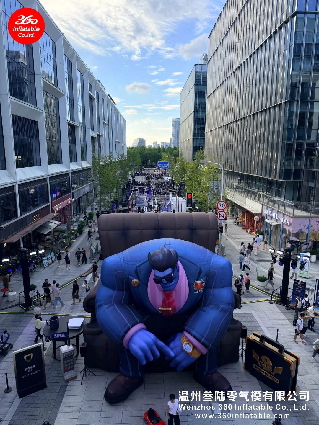 7-meter Dr. Mundo inflatable by 360 Inflatable, high-angle overhead view.