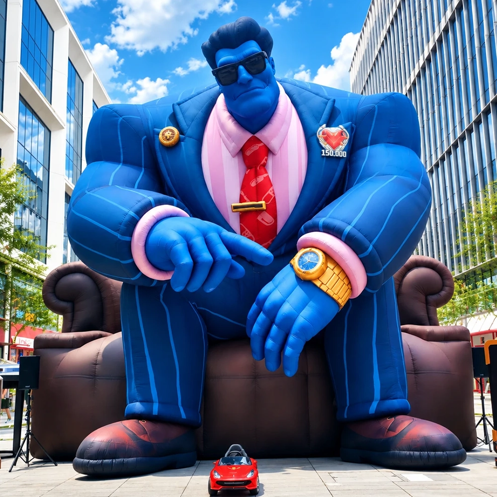 On-site at the LoL 15th Anniversary event at Shanghai Qiantan Park, the 7-meter giant Dr. Mundo inflatable created by 360 Inflatable sits on a couch, pointing at a red toy car on the ground.