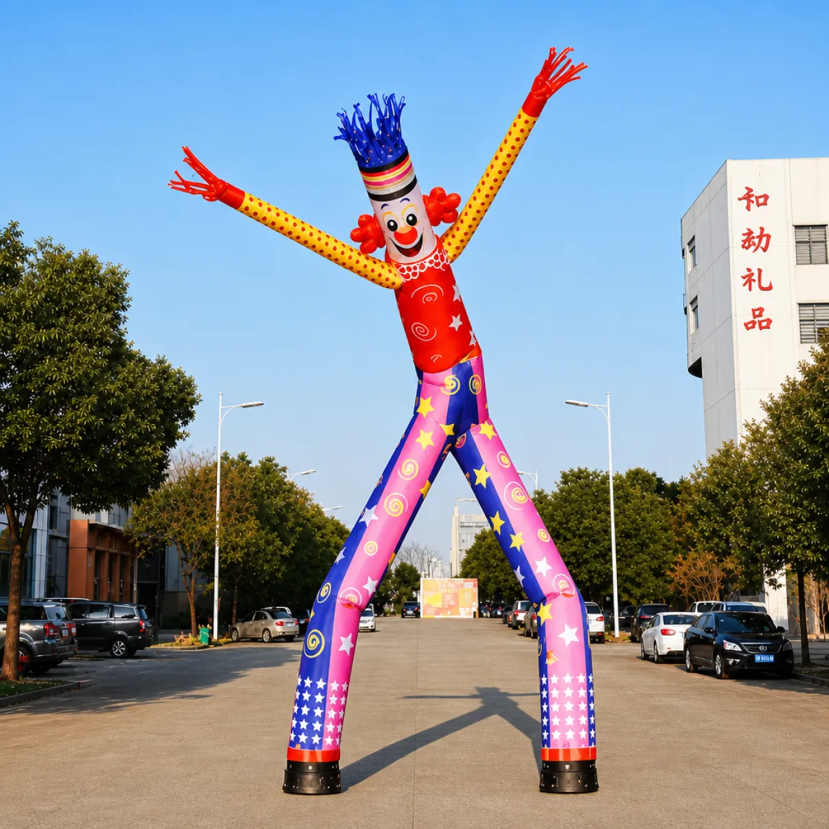 Custom clown-themed inflatable tube man with double legs waving both arms outdoors