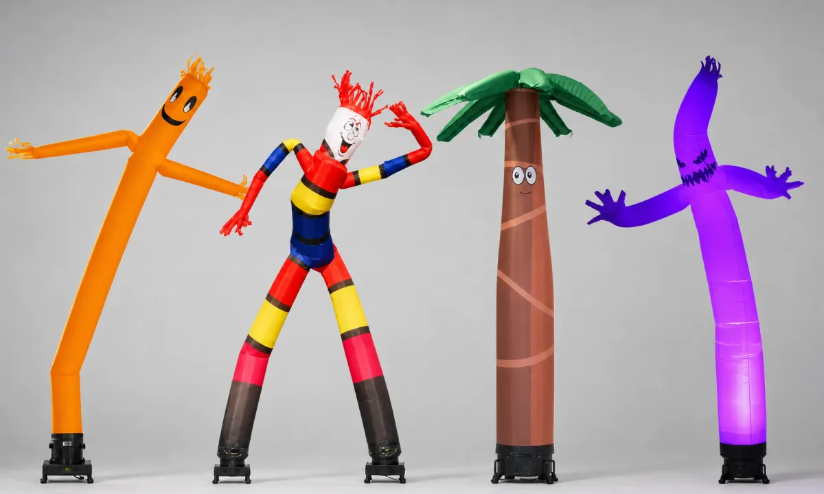 Four inflatable tube man types compared: single-leg, double-leg, custom mascot, and LED versions