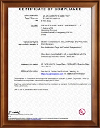 UL Certificate of Compliance No. UL-US-L230679-15-92804102-1 for Shunde Huawei Air-Blower Mfg Co Ltd, certifying products meet UL 1450 safety standard