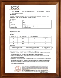 SGS test report on flame propagation of white single-layer fabric per NFPA 701:2023 Method 2, char length within limits and judged compliant