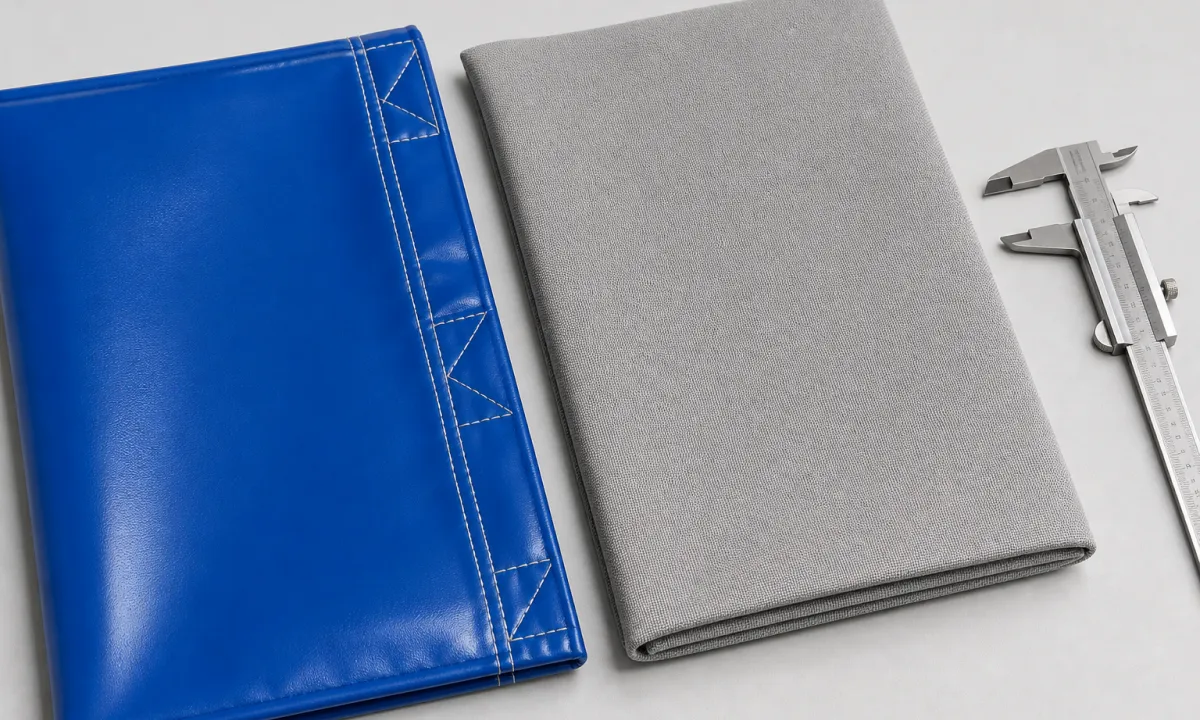 Close-up comparison of commercial 18 oz PVC tarpaulin and woven oxford nylon fabric samples with stitching detail