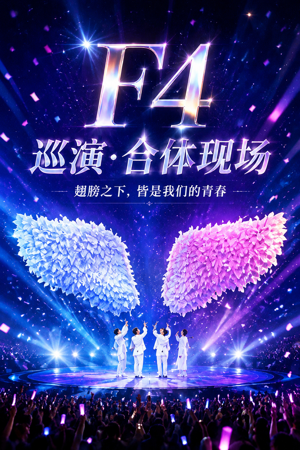五月天F4「恒星之城」演唱会现场，温州叁陆零定制的白色与粉色大型闭气羽毛翅膀悬挂于舞台上方，与巨型屏幕及舞台灯光共同营造沉浸式视觉效果。