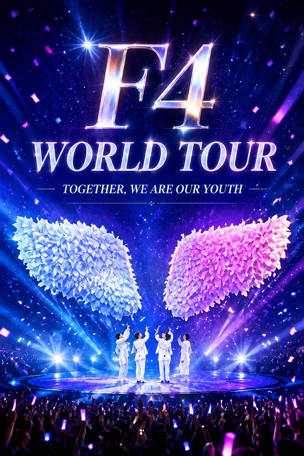 Large white and pink airtight inflatable feather wings custom-made by 360 Inflatable, suspended above the stage at Mayday F4’s City of Stars concert, surrounded by LED screens and stage lighting.